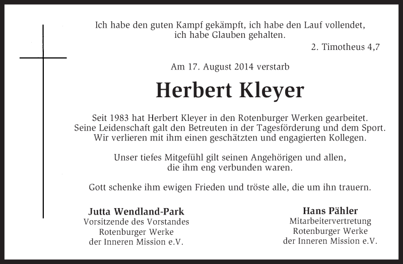  Traueranzeige für Herbert Kleyer vom 23.08.2014 aus KRZ
