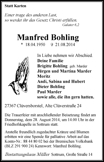 Traueranzeige von Manfred Bohling von KRZ