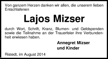 Traueranzeige von Lajos Mizser von KRZ