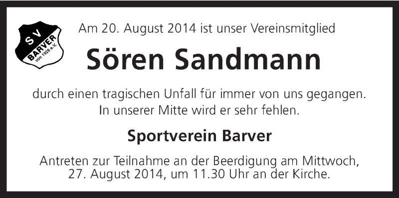  Traueranzeige für Sören Sandmann vom 23.08.2014 aus KRZ