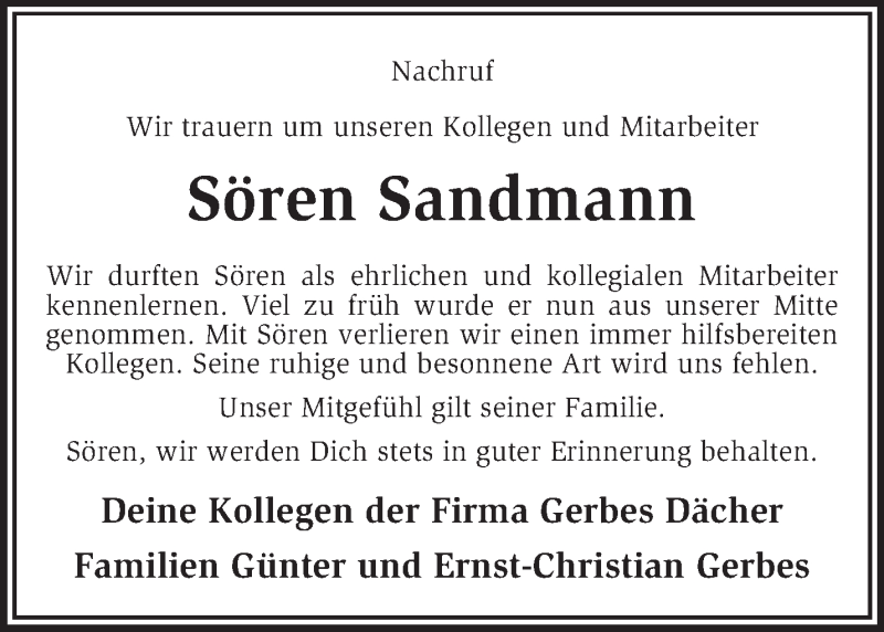  Traueranzeige für Sören Sandmann vom 23.08.2014 aus KRZ