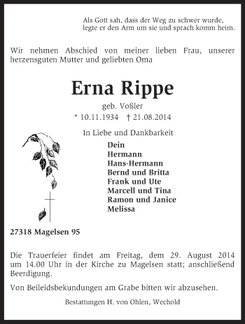 Traueranzeige von Erna Rippe von KRZ