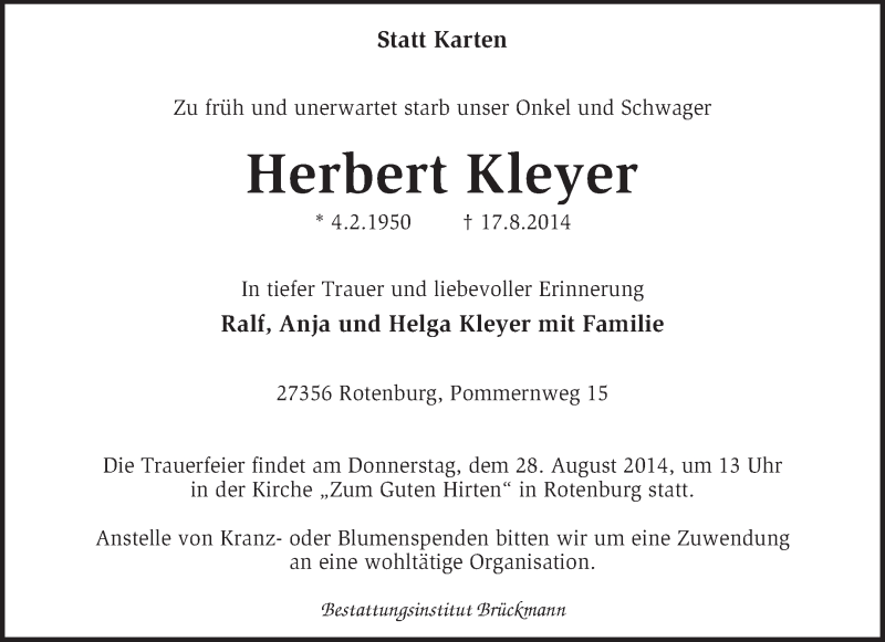  Traueranzeige für Herbert Kleyer vom 23.08.2014 aus KRZ
