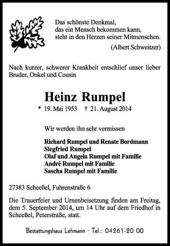 Traueranzeige von Heinz Rumpel von KRZ