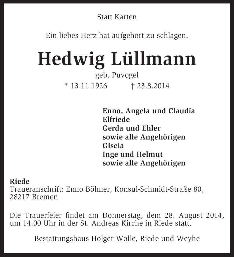  Traueranzeige für Hedwig Lüllmann vom 25.08.2014 aus KRZ