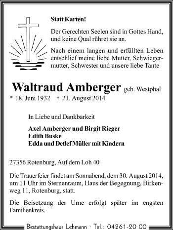 Traueranzeige von Waltraud Amberger von KRZ