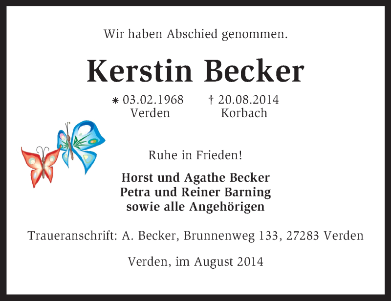  Traueranzeige für Kerstin Becker vom 26.08.2014 aus KRZ