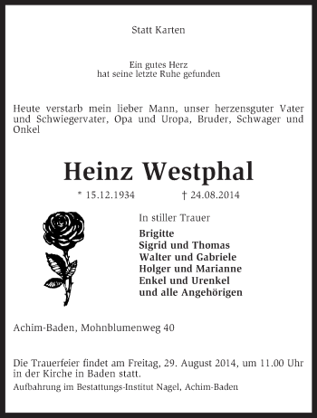 Traueranzeige von Heinz Westphal von KRZ