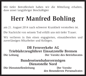 Traueranzeige von Manfred Bohling von KRZ