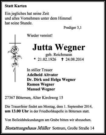 Traueranzeige von Jutta Wegner von KRZ