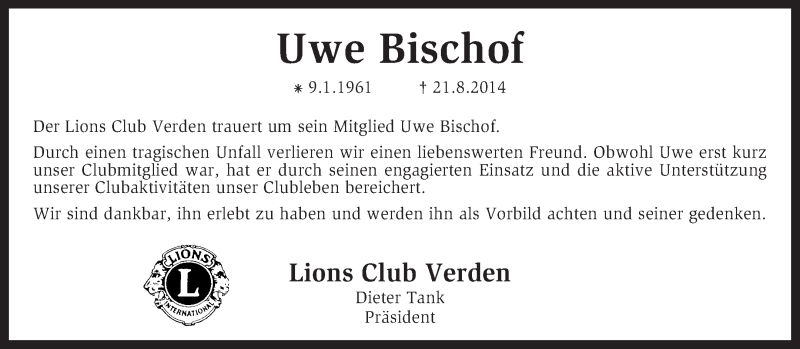  Traueranzeige für Uwe Bischof vom 28.08.2014 aus KRZ