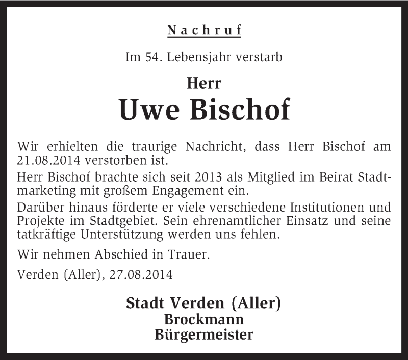  Traueranzeige für Uwe Bischof vom 28.08.2014 aus KRZ
