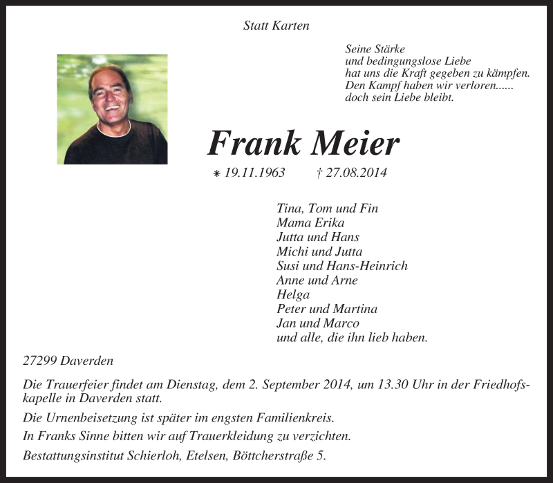  Traueranzeige für Frank Meier vom 29.08.2014 aus KRZ