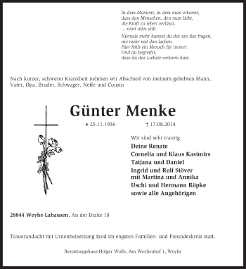 Traueranzeige von Günter Menke von KRZ