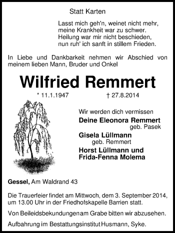 Traueranzeige von Wilfried Remmert von KRZ