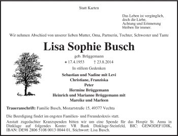 Traueranzeige von Lisa Sophie Busch von KRZ