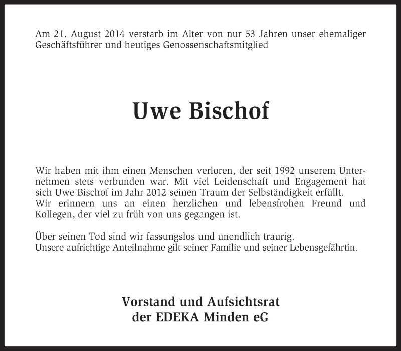  Traueranzeige für Uwe Bischof vom 30.08.2014 aus KRZ