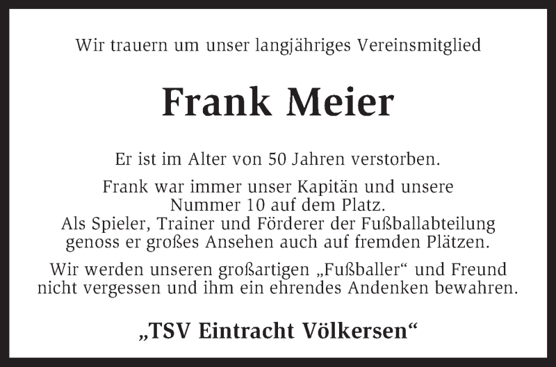  Traueranzeige für Frank Meier vom 30.08.2014 aus KRZ