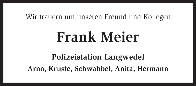  Traueranzeige für Frank Meier vom 30.08.2014 aus KRZ