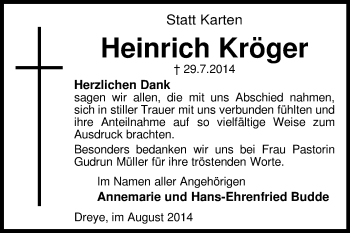 Traueranzeige von Heinrich Kröger von KRZ