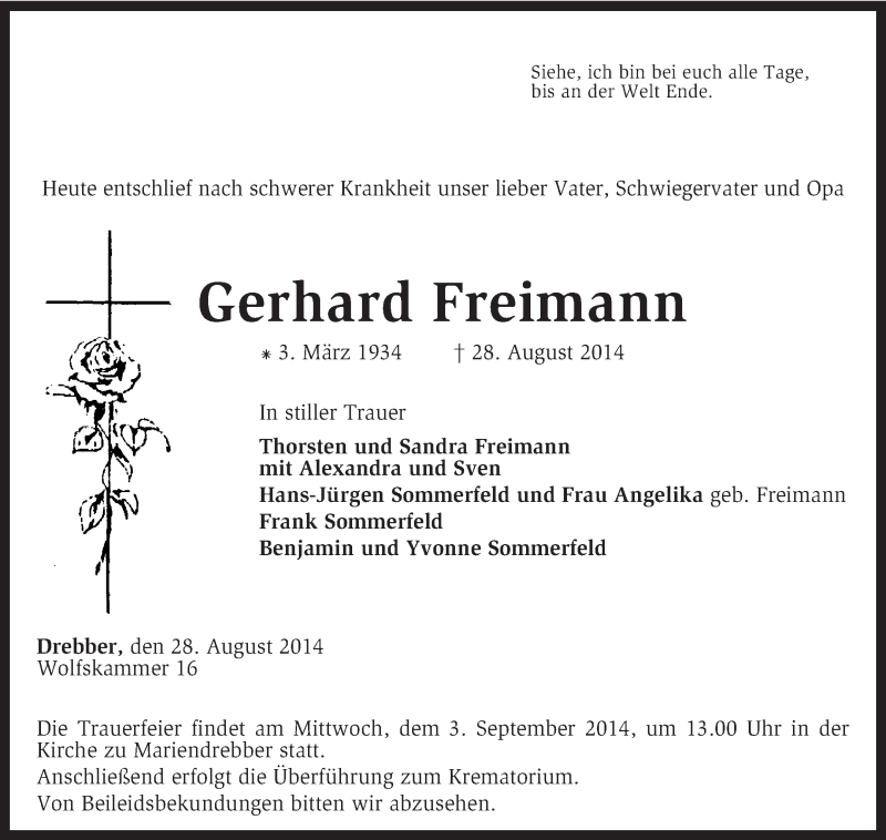  Traueranzeige für Gerhard Freimann vom 30.08.2014 aus KRZ