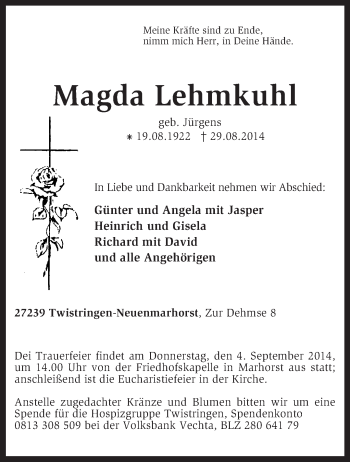 Traueranzeige von Magda Lehmkuhl von KRZ