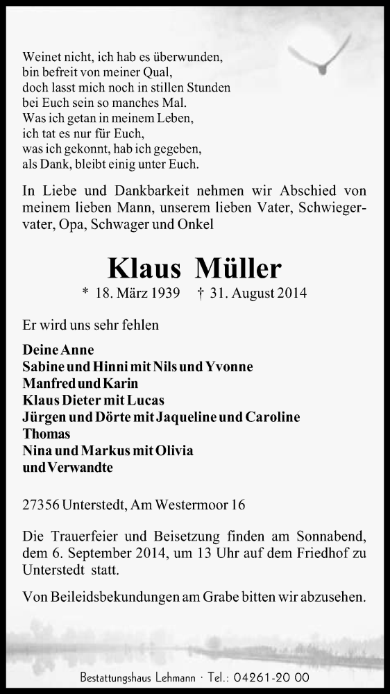  Traueranzeige für Klaus Müller vom 02.09.2014 aus KRZ