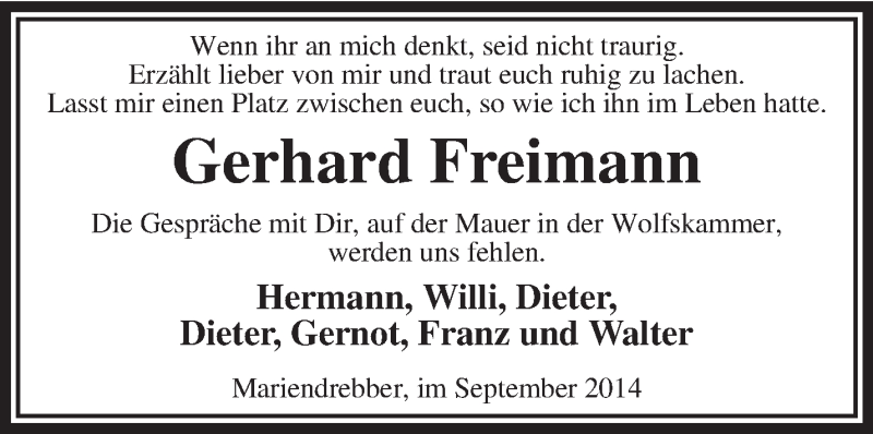  Traueranzeige für Gerhard Freimann vom 02.09.2014 aus KRZ