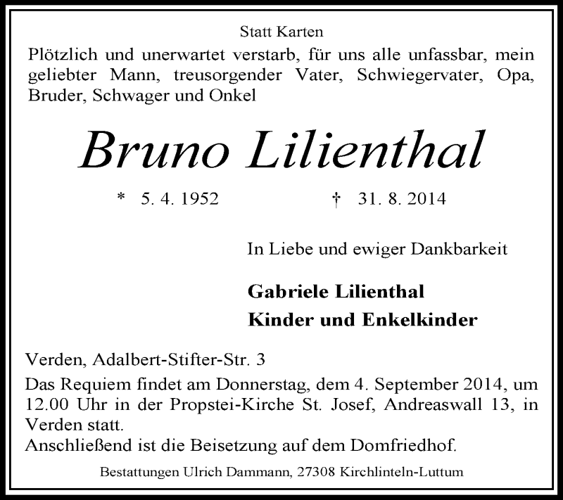  Traueranzeige für Bruno Lilienthal vom 02.09.2014 aus KRZ