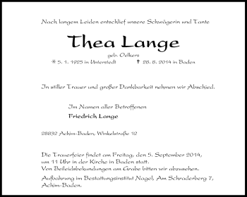 Traueranzeige von Thea Lange von KRZ