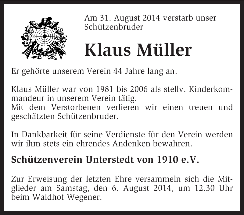  Traueranzeige für Klaus Müller vom 03.09.2014 aus KRZ