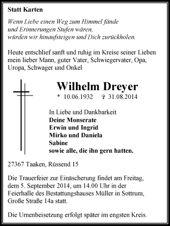 Traueranzeige von Wilhelm Dreyer von KRZ