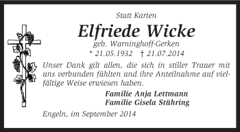 Traueranzeige von Elfriede Wicke von KRZ