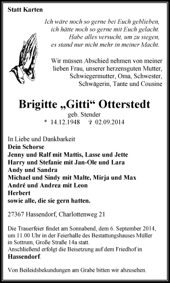 Traueranzeige von Brigitte Otterstedt von KRZ