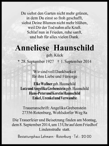 Traueranzeige von Anneliese Haunschild von KRZ