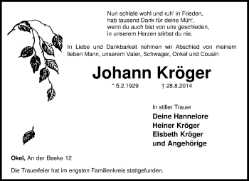 Traueranzeige von Johann Kröger von KRZ