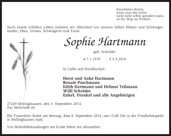 Traueranzeige von Sophie Hartmann von KRZ