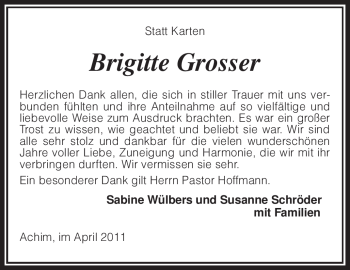 Traueranzeige von Brigitte Grosser von KREISZEITUNG SYKE