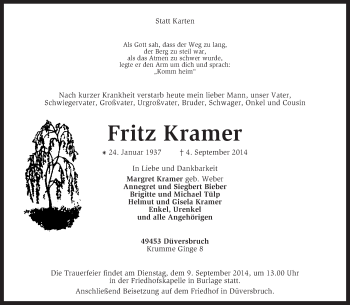 Traueranzeige von Fritz Kramer von KRZ