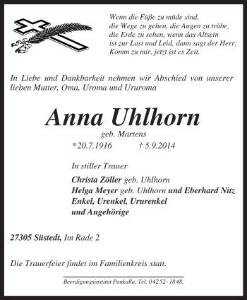 Traueranzeige von Anna Uhlhorn von KRZ