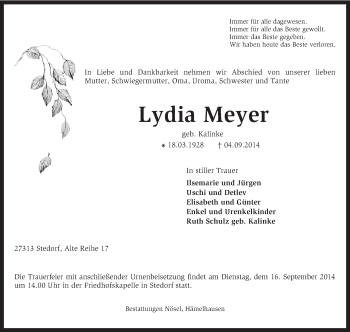 Traueranzeige von Lydia Meyer von KRZ