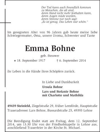 Traueranzeige von Emma Bohne von KRZ