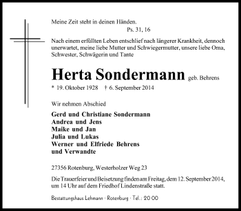 Traueranzeige von Herta Sondermann von KRZ
