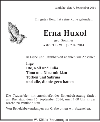 Traueranzeige von Erna Huxol von KRZ