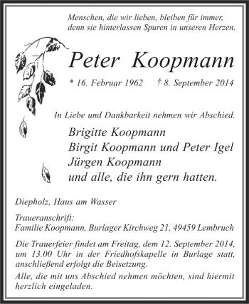 Traueranzeige von Peter Koopmann von KRZ