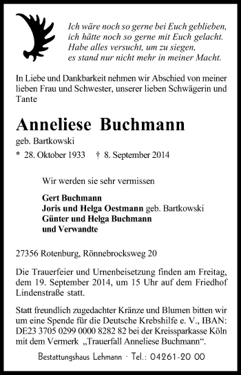 Traueranzeige von Anneliese Buchmann von KRZ