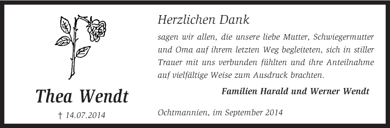  Traueranzeige für Thea Wendt vom 10.09.2014 aus KRZ