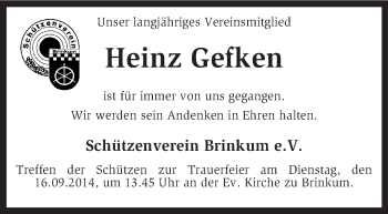 Traueranzeige von Heinz Gefken von KRZ