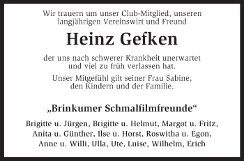 Traueranzeige von Heinz Gefken von KRZ