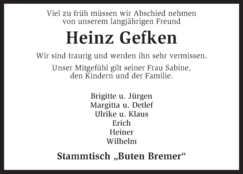  Traueranzeige für Heinz Gefken vom 11.09.2014 aus KRZ